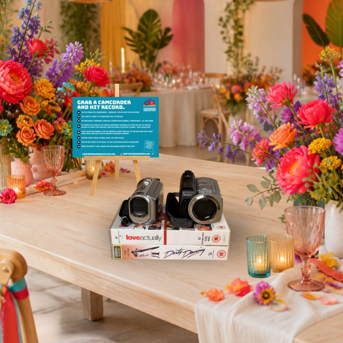 Camcorder hire display on wedding table wicker hamper