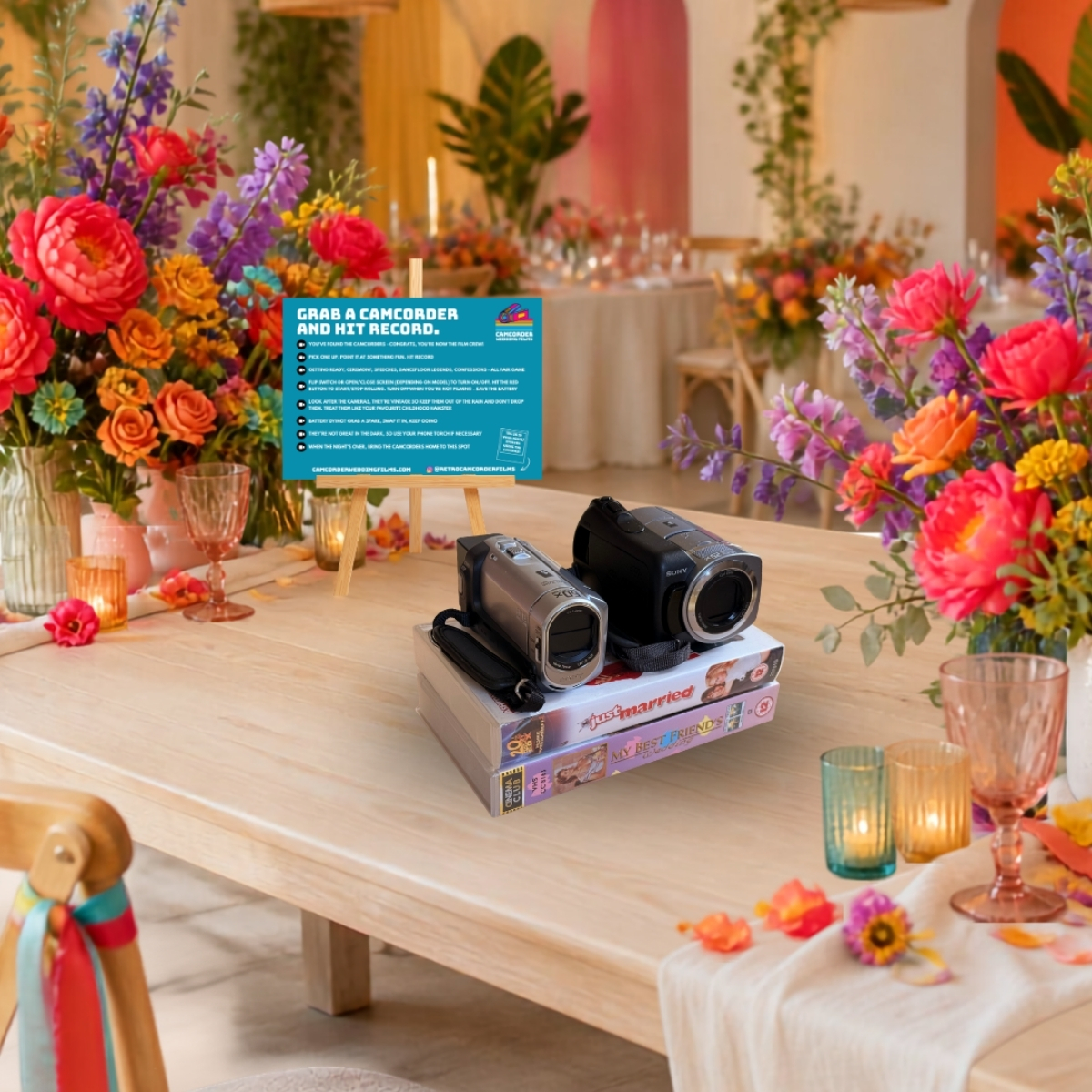 Camcorder hire display on wedding table VHS tapes