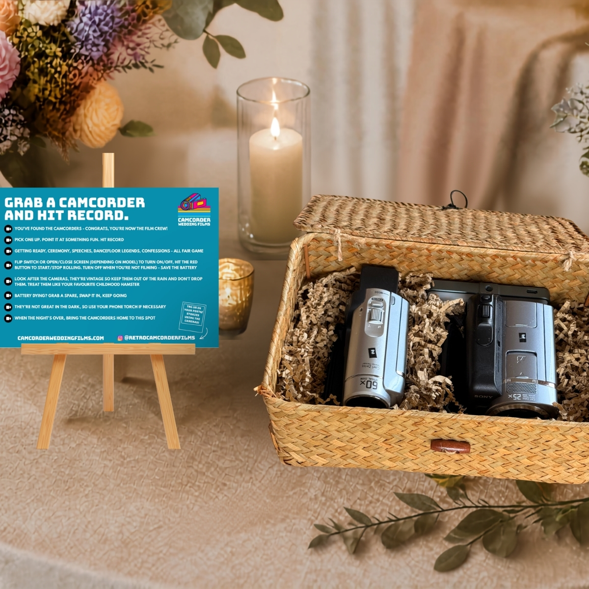 Camcorder hire display on wedding table VHS tapes