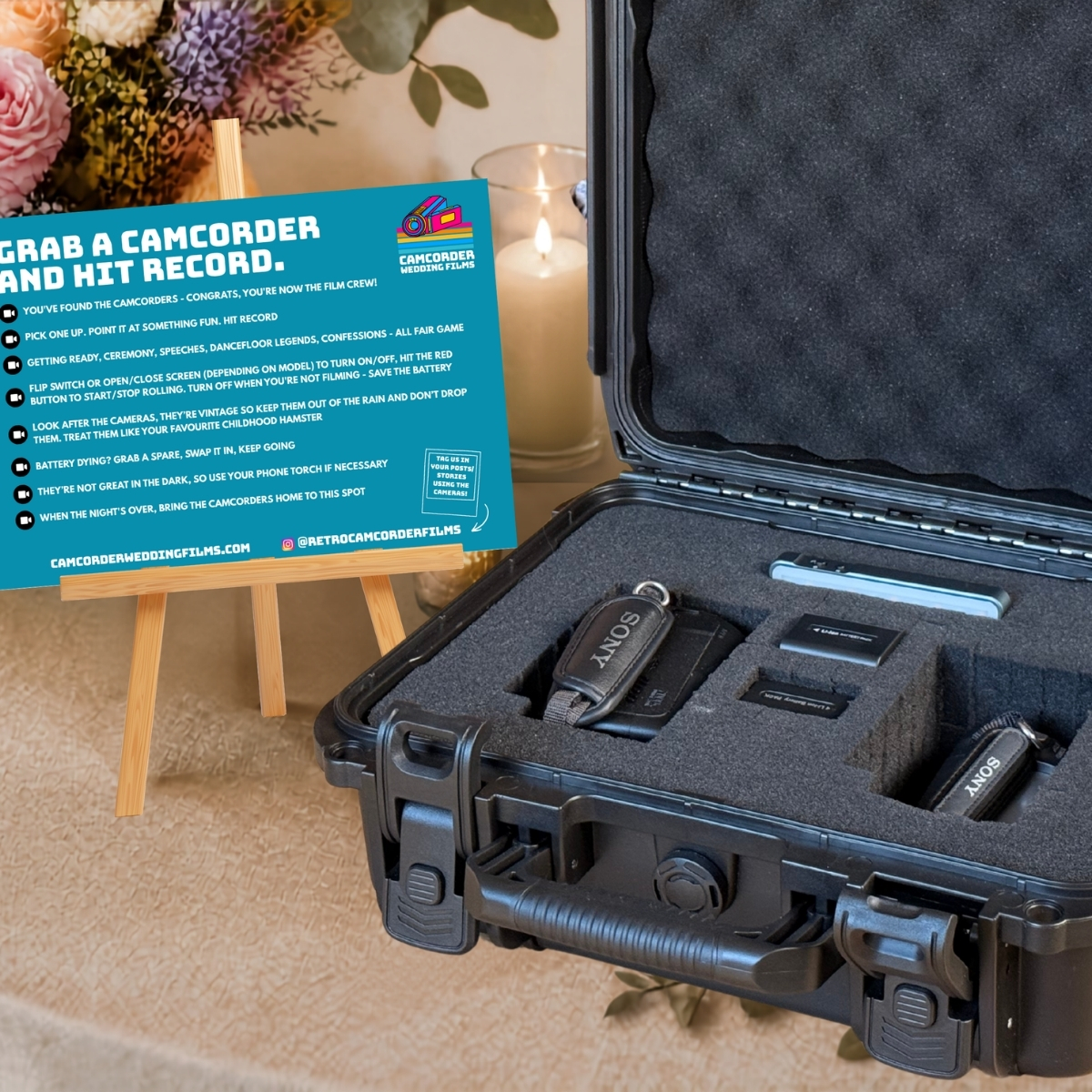 Camcorder hire display on wedding table lunch boxes retro